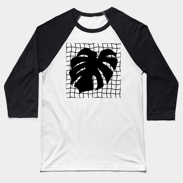 Monstera Deliciosa Leaf on Grid - Black on black Baseball T-Shirt by JuneNostalgia